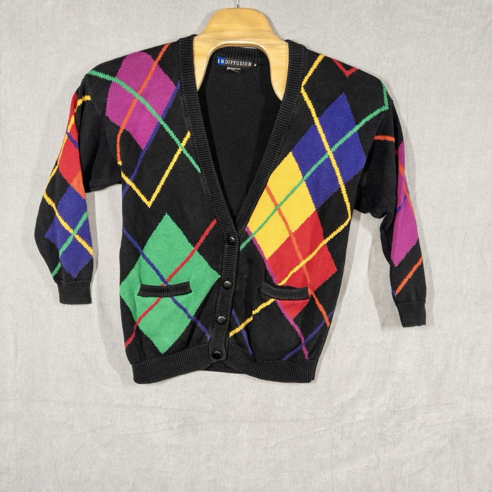 Vtg IB Fusion 1991 80's Geometric Dad Knit Cardigan Mens Medium *Read*‎